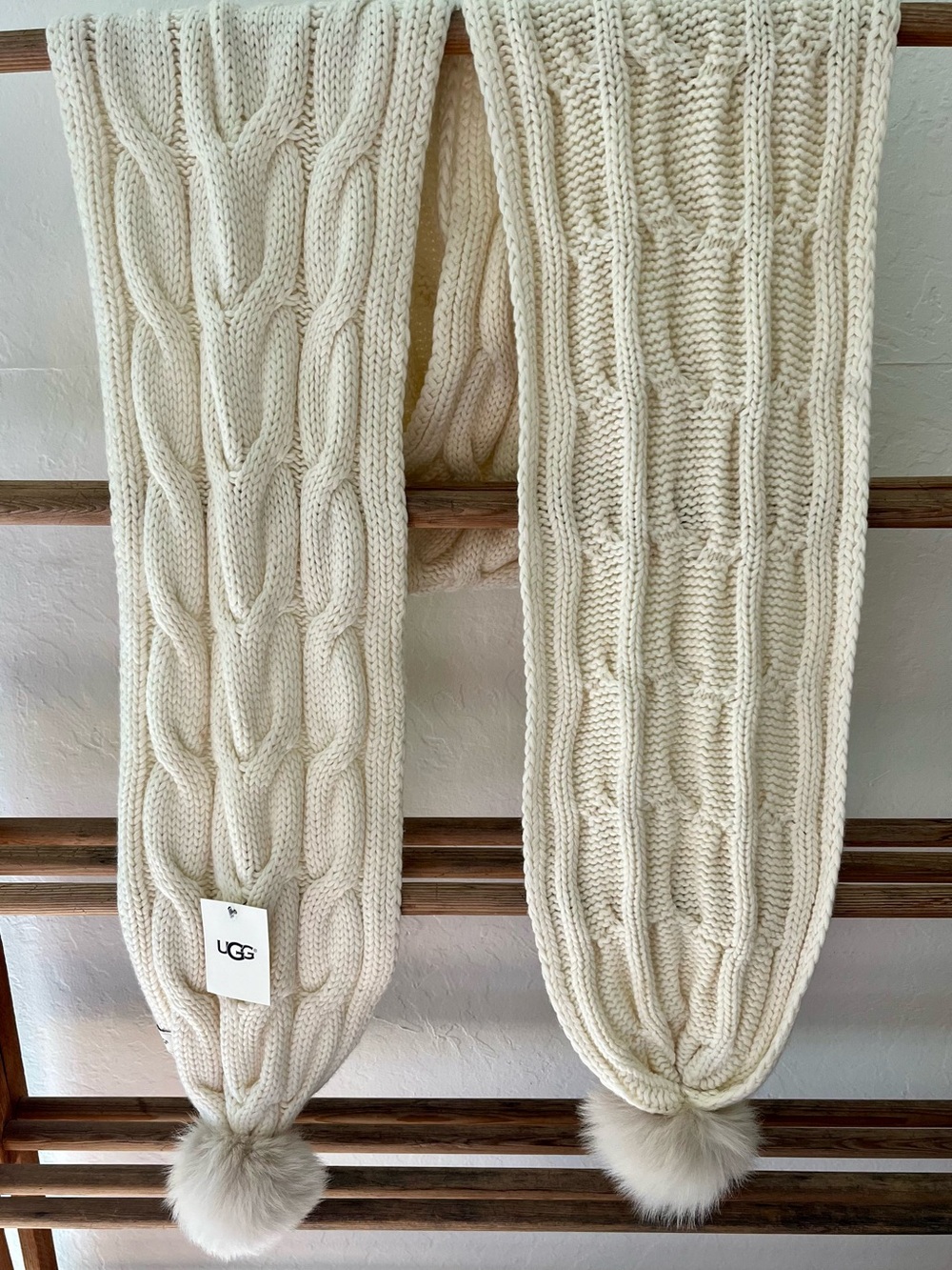 UGG Cream Cable-Knit Scarf with Real Fur Poms
